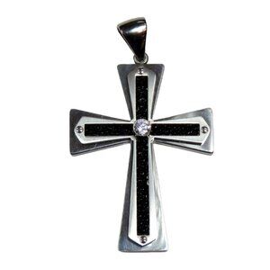 Inox Stainless Steel Polished Black and Silver Cross Pendant with CZ and Black